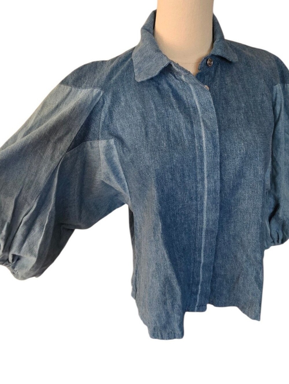 NWT 7 For All Mankind Balloon Star Sleeve Crop Denim Shirt Patchwork S - Picture 10 of 15